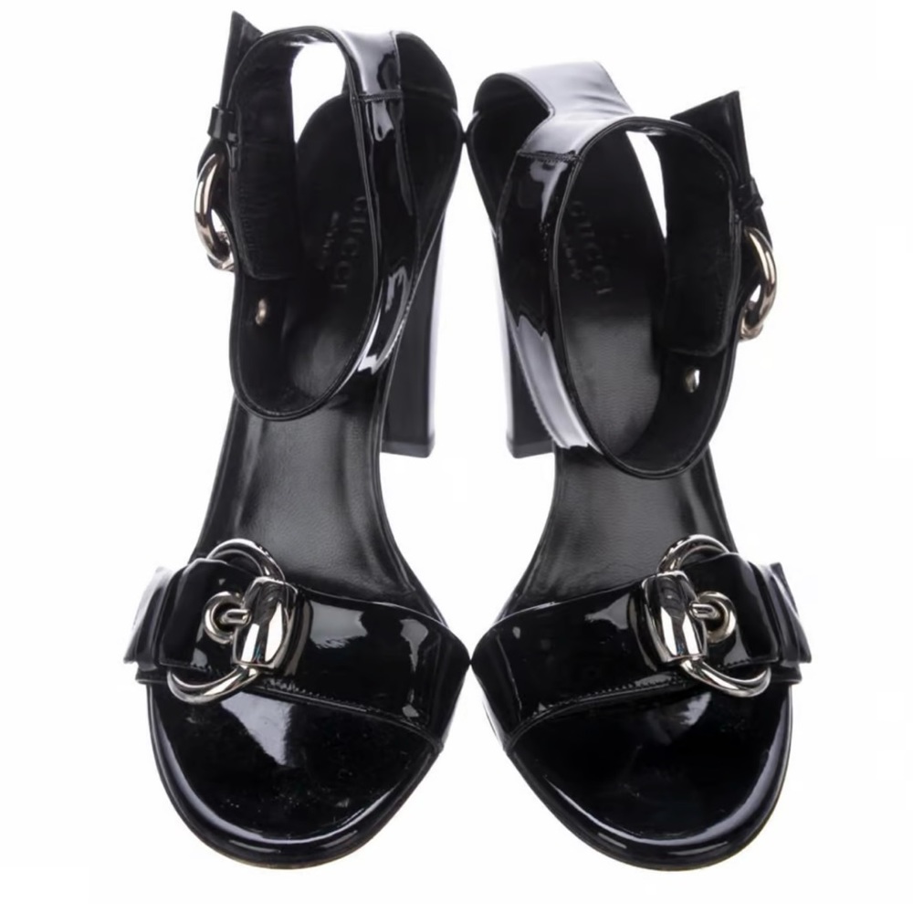 Gucci Buckle Sandals Black Patent Leather  Ankle Strap Heels